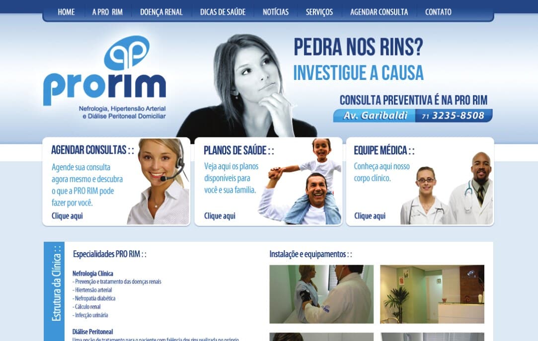 Site da Pro Rim, página inicial